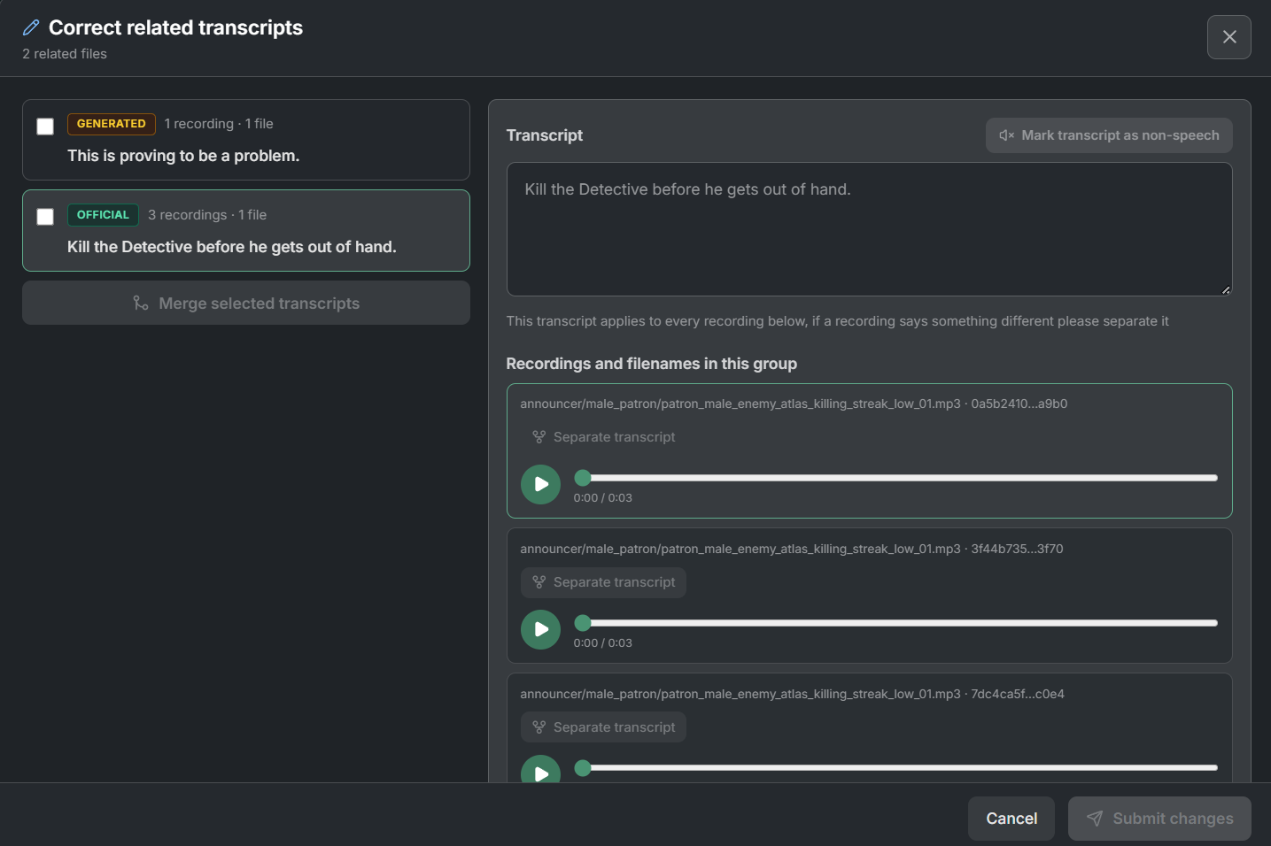 Correction editor showing generated and official transcript groups with playback controls for related recordings